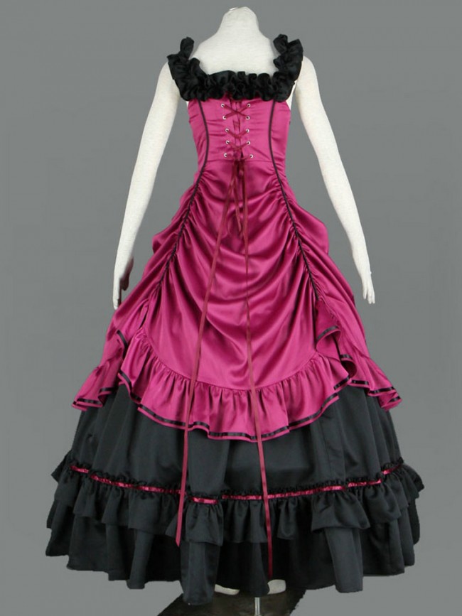 Sleeveless Pink And Black Floral Double-Layer Cotton Lolita Prom Dress ...